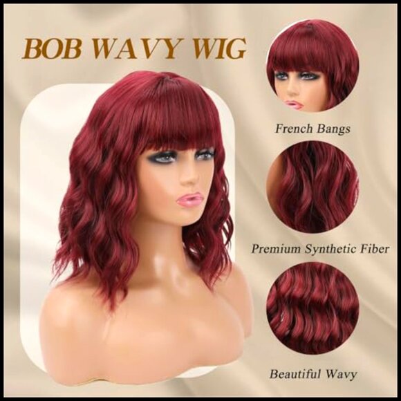 Short Wavy Bob Wig with Bangs Synthetic Heat Resistant Cosplay Party Daily